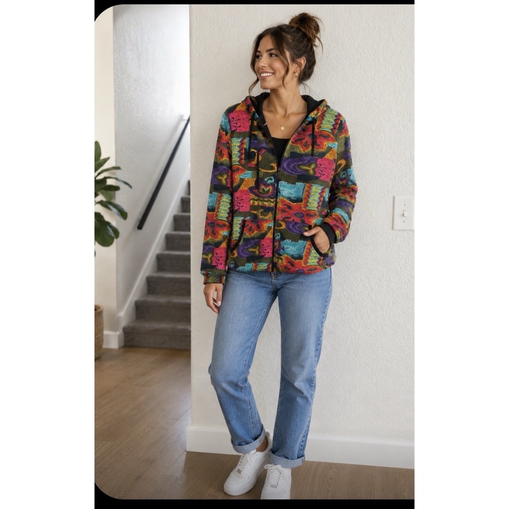 Parsley & Sage Hoodie Jacket Women Large Abstract Print Zip Up Art To Wear  Boho